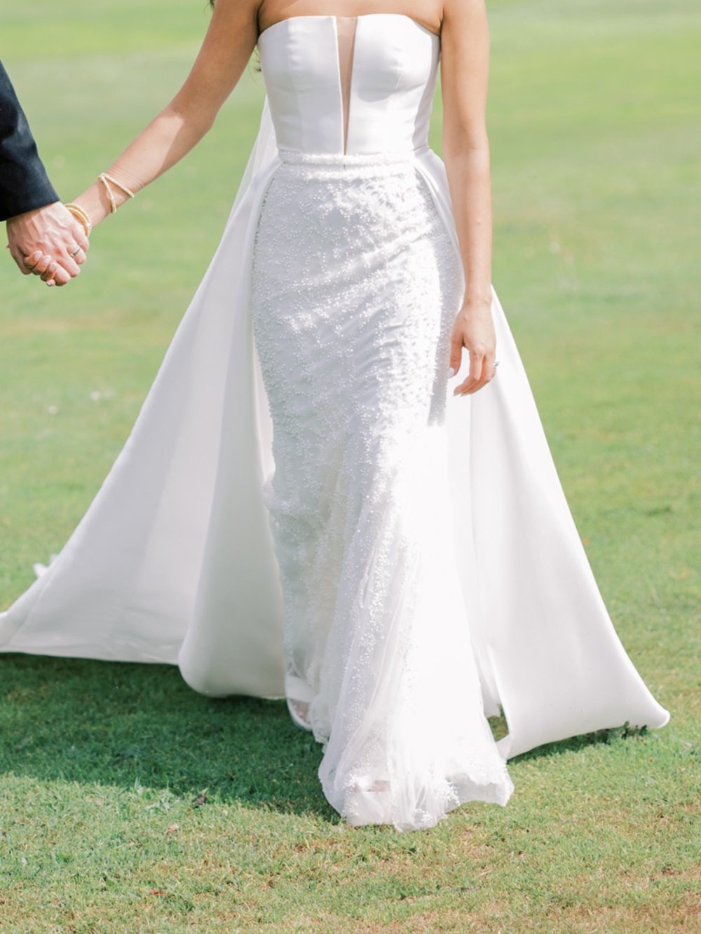 Strapless White Beaded Bridal Gown with Overskirt
